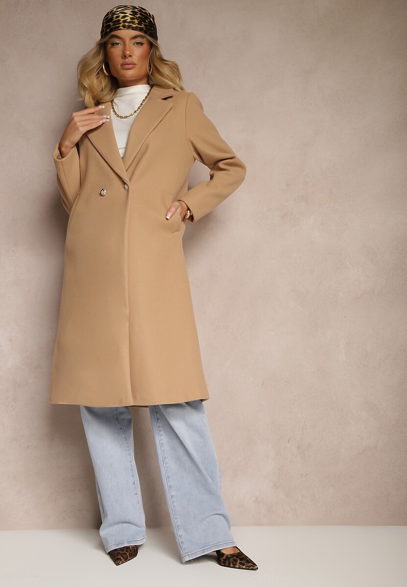 Beżowy Długi Płaszcz z Biżuteryjnymi Guzikami Tudella