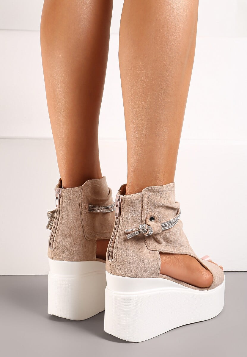 Beżowe Sandały za Kostkę na Platformie z Koturnem Ozdobione Cyrkoniami Gavrela