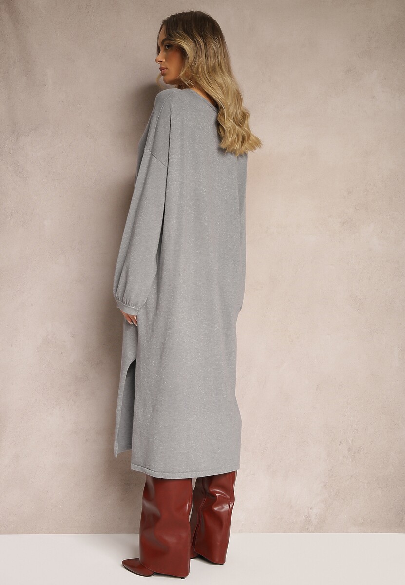 Szara Sukienka z Wiskozą o Pudełkowym Kroju z Metaliczną Nicią i Szerokimi Rękawami Arkina