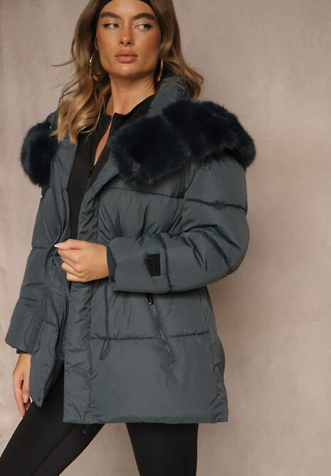 Ciemnozielona Pikowana Kurtka z Szerokim Kapturem z Futrem Galiessa