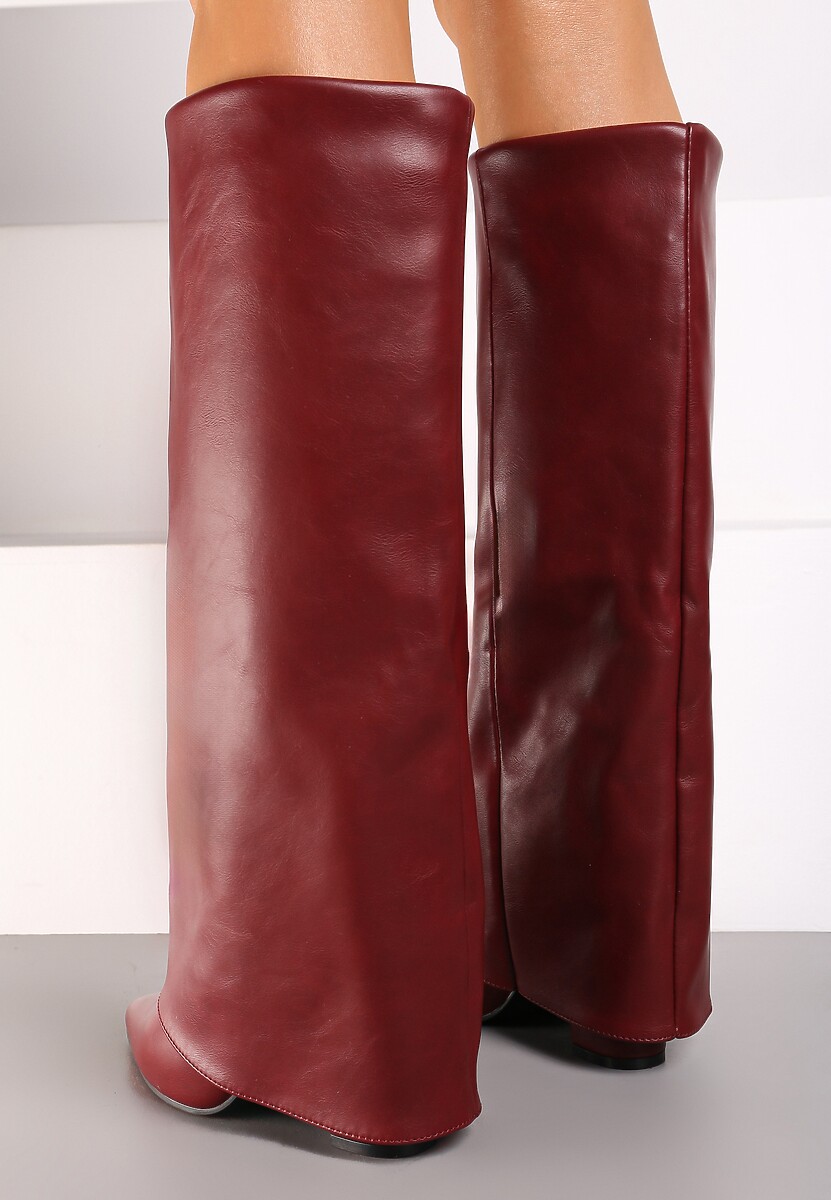 Bordowe Kozaki na Słupku Ozdobione Wywiniętą Cholewką Heslia