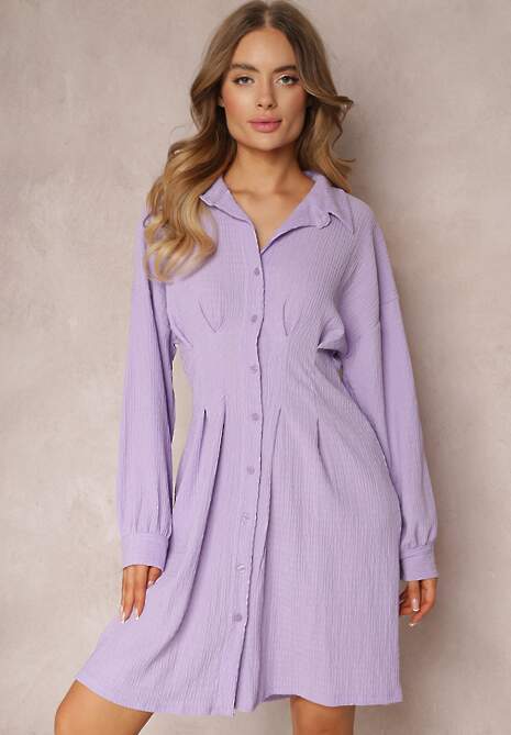 Fioletowa Koszulowa Sukienka Mini z Taliowanymi Zakładkami Vilette