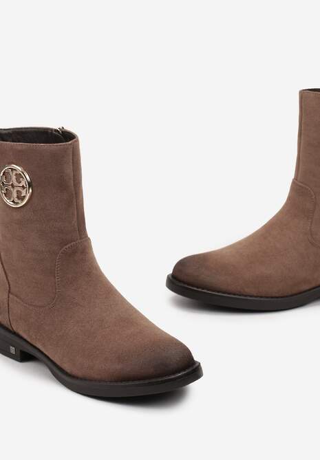 Beżowe Botki z Metalową Ozdobą i Suwakiem na Płaskiej Podeszwie Hemotte