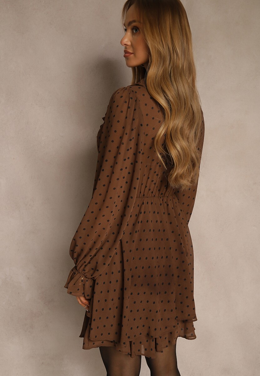 Brązowa Rozkloszowana Sukienka z Siateczki w Groszki z Falbankami Nesiba