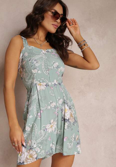 Miętowy Kombinezon w Kwiaty na Ramiączkach z Szerokimi Nogawkami Amarys