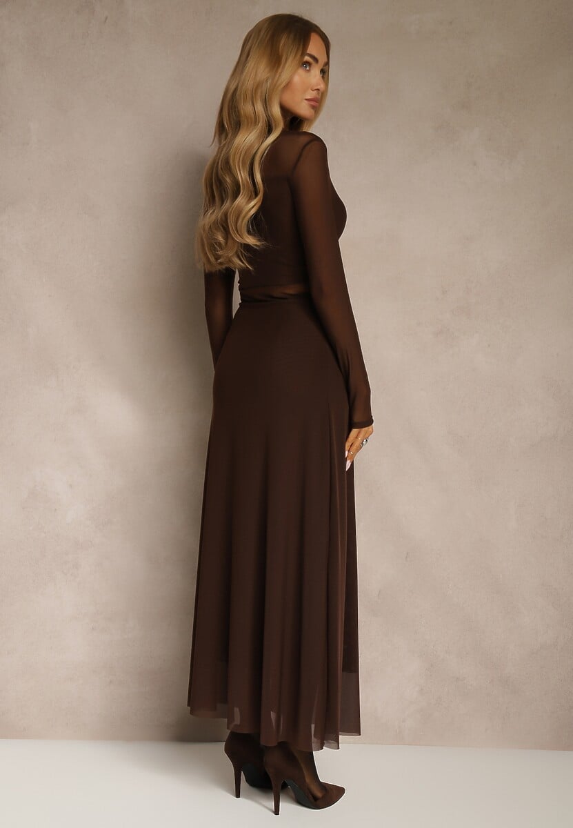 Brązowa Rozkloszowana Sukienka Longsleeve z Siateczki z Dodatkiem Wiskozy Eprella