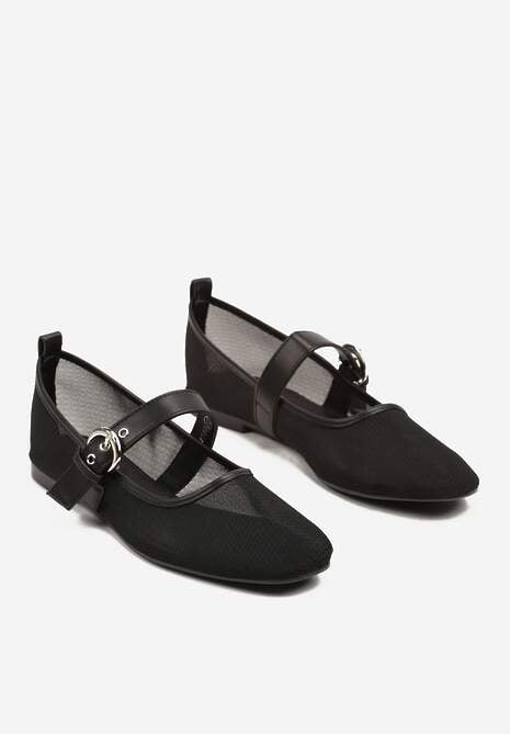 Czarne Siateczkowe Balerinki z Paskiem w Klamerką Korlexia