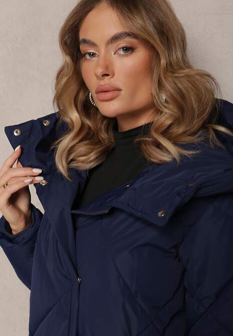 Granatowa Pikowana Kurtka Płaszcz za Kolano z Kapturem Kinassan