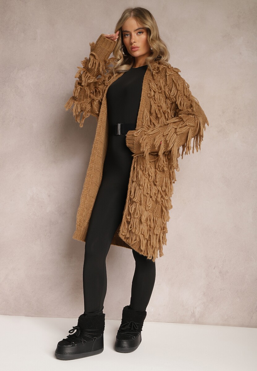 Brązowy Niezapinany Kardigan w Ozdobne Frędzle Massawa