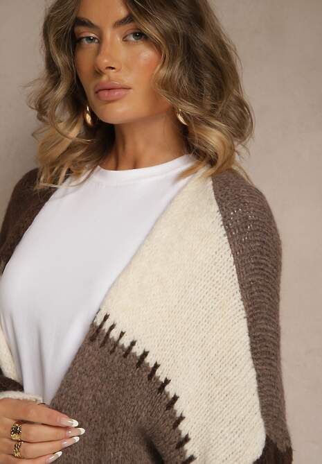 Beżowy Kardigan z Domieszką Wełny i Wiskozy w Patchworkowym Stylu Fesolinne