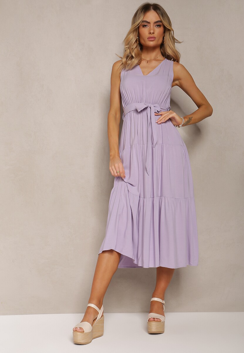 Miętowa Wiązana Sukienka Midi z Wiskozy bez Rękawów z Gumką w Talii Mideyo