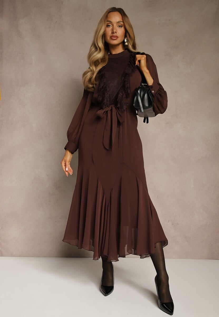 Brązowa Romantyczna Sukienka z Bufiastymi Rękawami i Falbanką z Koronki Sewmira