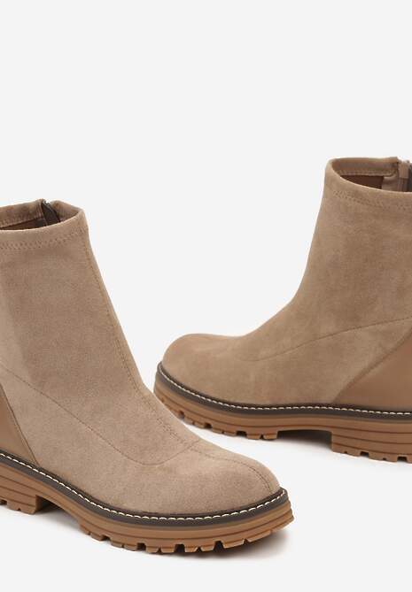Beżowe Botki na Płaskiej Podeszwie Ozdobione Kontrastowym Elementem Vioriela