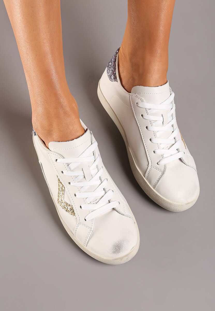 Biało-Złote Sneakersy Sznurowane z Cholewką przed Kostkę z Brokatem Toneri