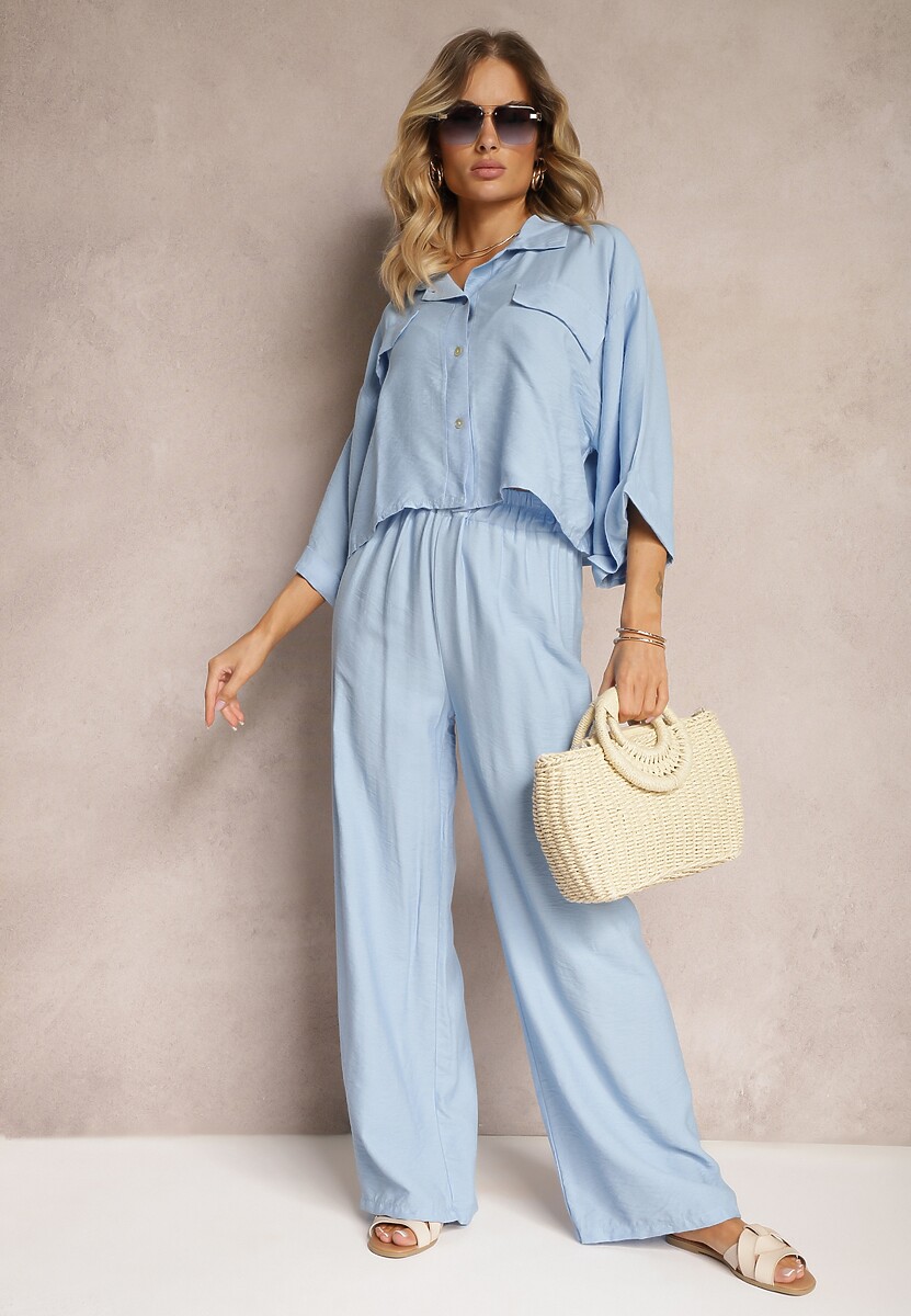 Zielony 2-Częściowy Komplet Wiskozowy Koszula Szerokie Spodnie z Gumką w Pasie Vimatthia