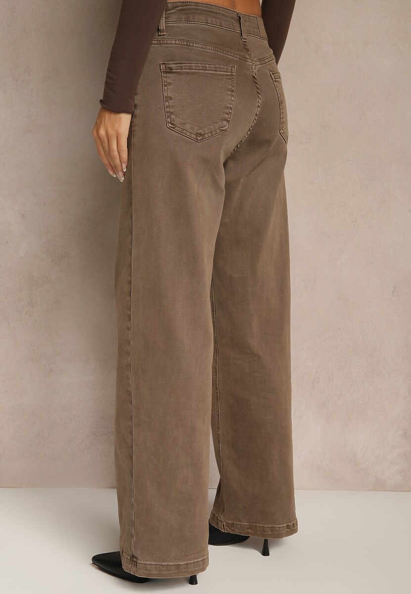 Brązowe Szerokie Jeansy High Waist z Bawełny Amendrie