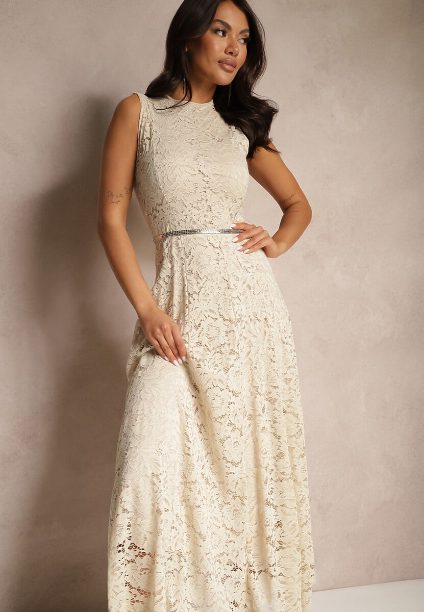 Biała Koronkowa Sukienka Taliowana Wilreti