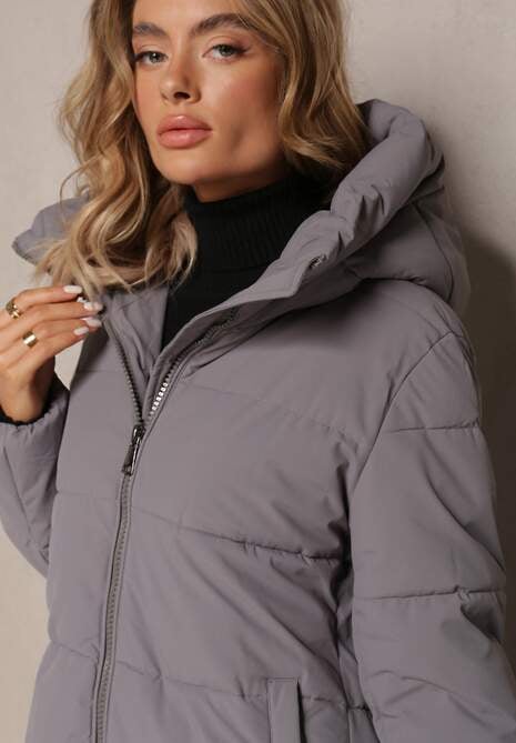Szara Długa Kurtka Płaszcz z Pikowaniem oraz Kapturem Madirre