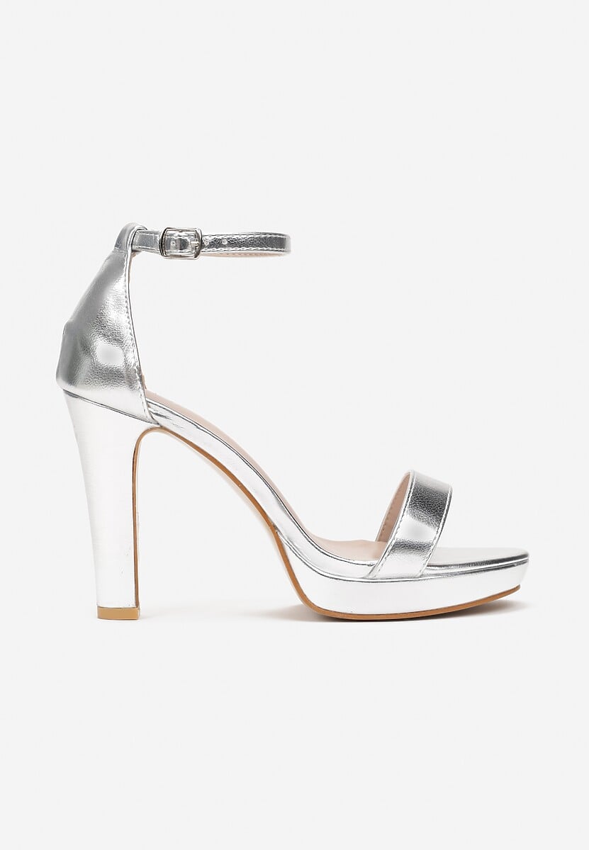 Srebrne Sandały na Słupku z Paskiem ze Sprzączką Sultana