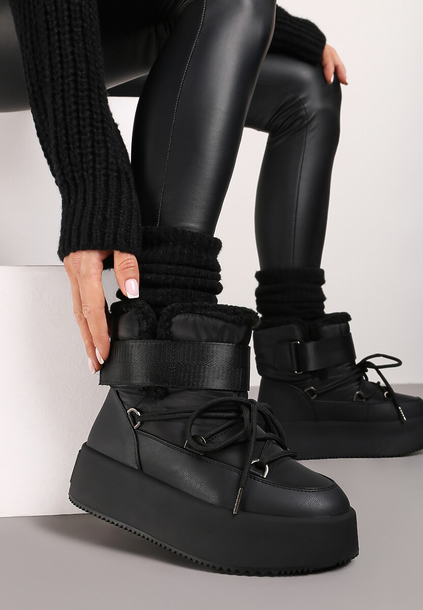 Czarne Śniegowce na Wysokiej Platformie z Futerkiem i Zapięciem na Rzep Norielia