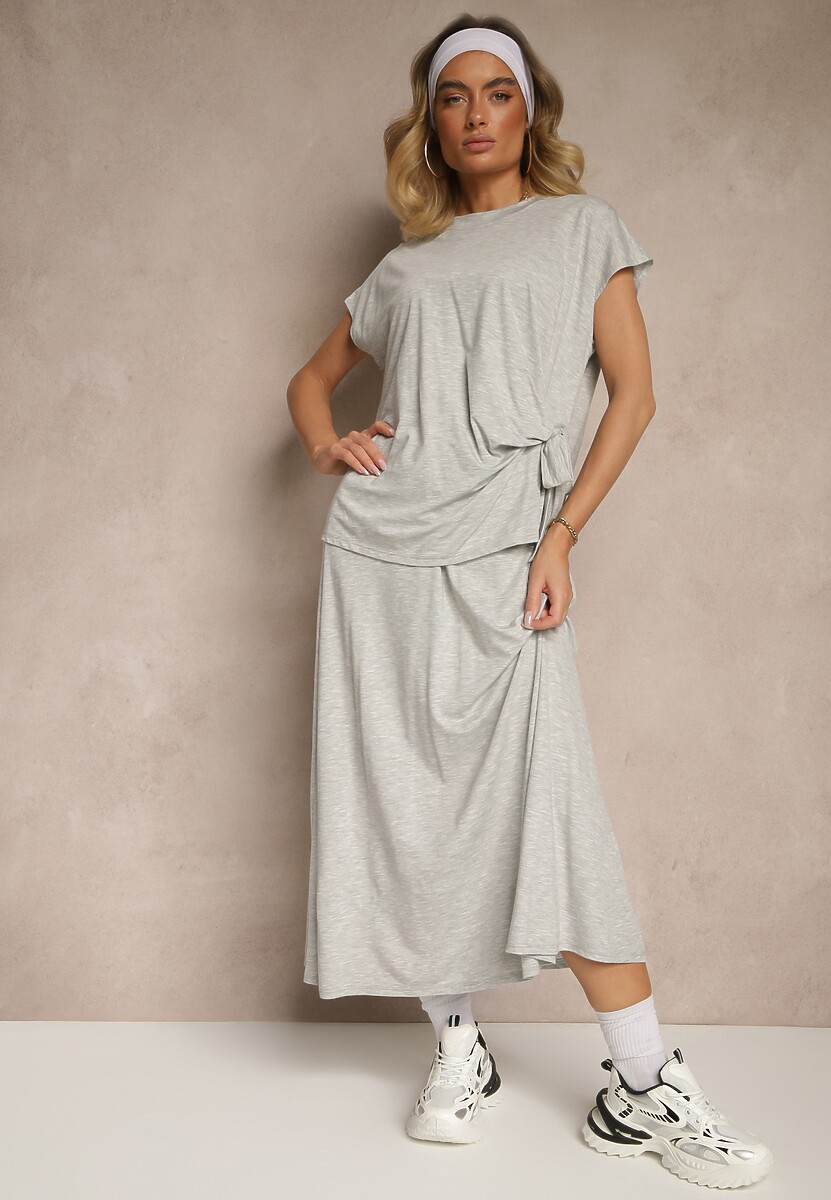 Szary Komplet z Wiskozą Spódnica i Bluzka Zdobiona Wiązaniem w Talii Davisavina