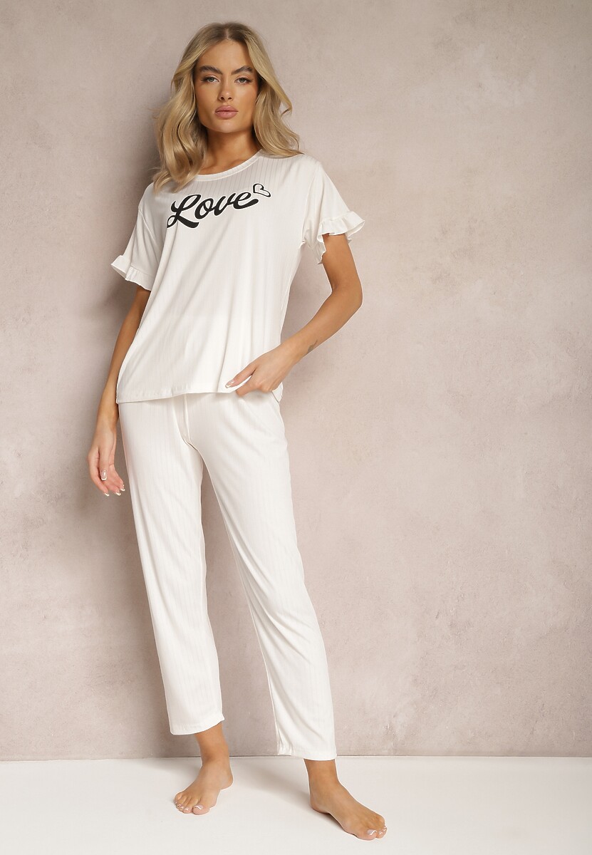 Jasnobeżowy 2-Częściowy Komplet Piżamowy Koszulka z Napisem i Proste Spodnie Niela