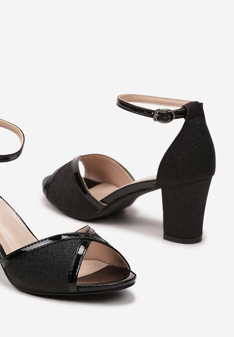 Czarne Brokatowe Sandały ze Sprzączką na Słupku z Metalicznymi Wstawkami Alpireva