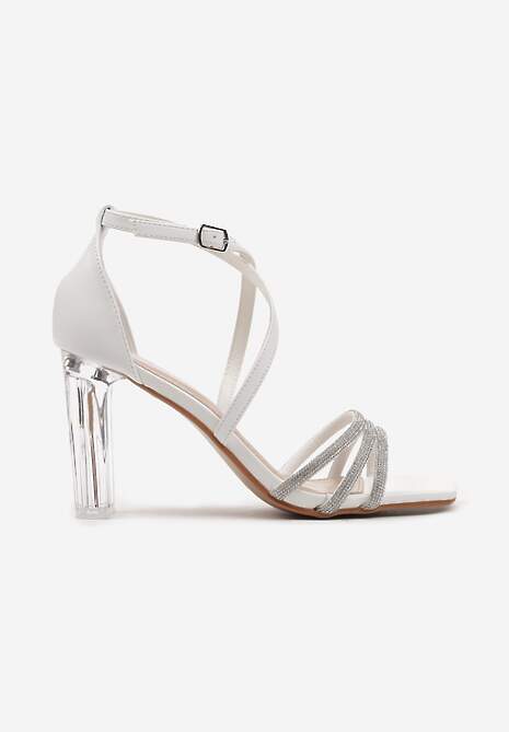 Białe Sandały na Transparentnym Słupku z Cyrkoniami Zapinane przy Kostce Tesaie