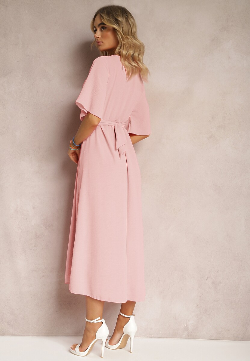 Jasnoróżowa Rozkloszowana Sukienka Maxi z Szerokim Rękawem i Gumką w Pasie Sador