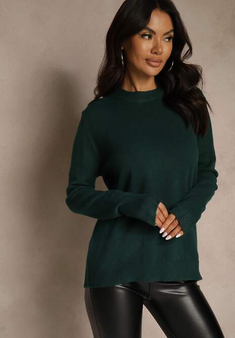 Ciemnozielony Klasyczny Sweter z Wełną i Bawełną Meviliana