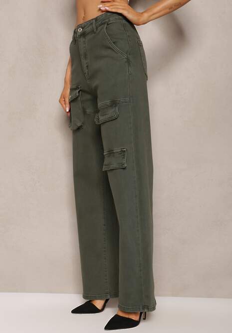 Ciemnozielone Bawełniane Spodnie Bojówki z Prostymi Nogawkami i Kieszeniami z Klapami Aranduil