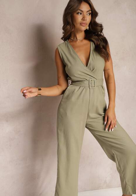 Ciemnozielony Bawełniany Kombinezon z Kopertowym Dekoltem Paskiem z Klamrą i Gumką w Talii Risalen