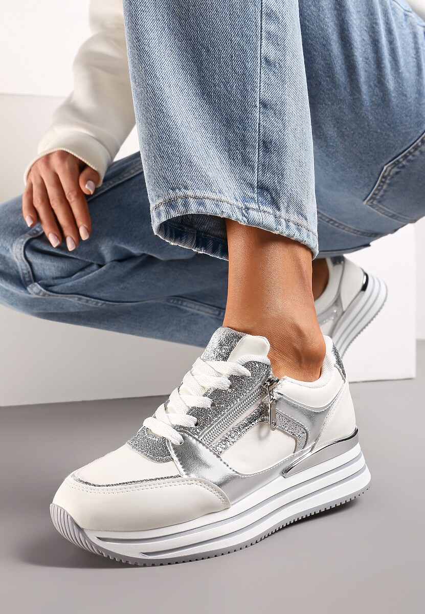 Niebiesko-Srebrne Sneakersy z Brokatowymi Wstawkami i Krótkim Suwakiem Naiwra