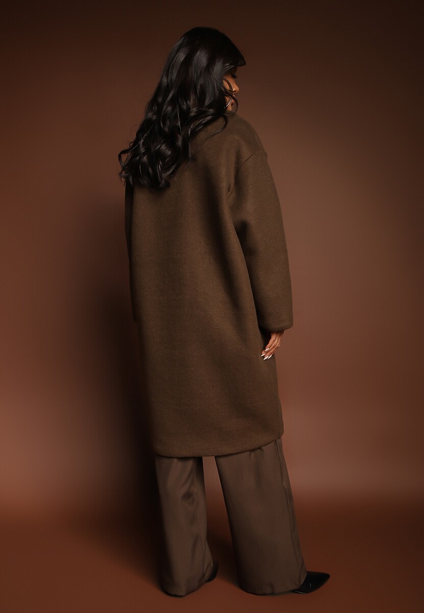 Brązowy Dwurzędowy Płaszcz Oversize z Wełną Spolete