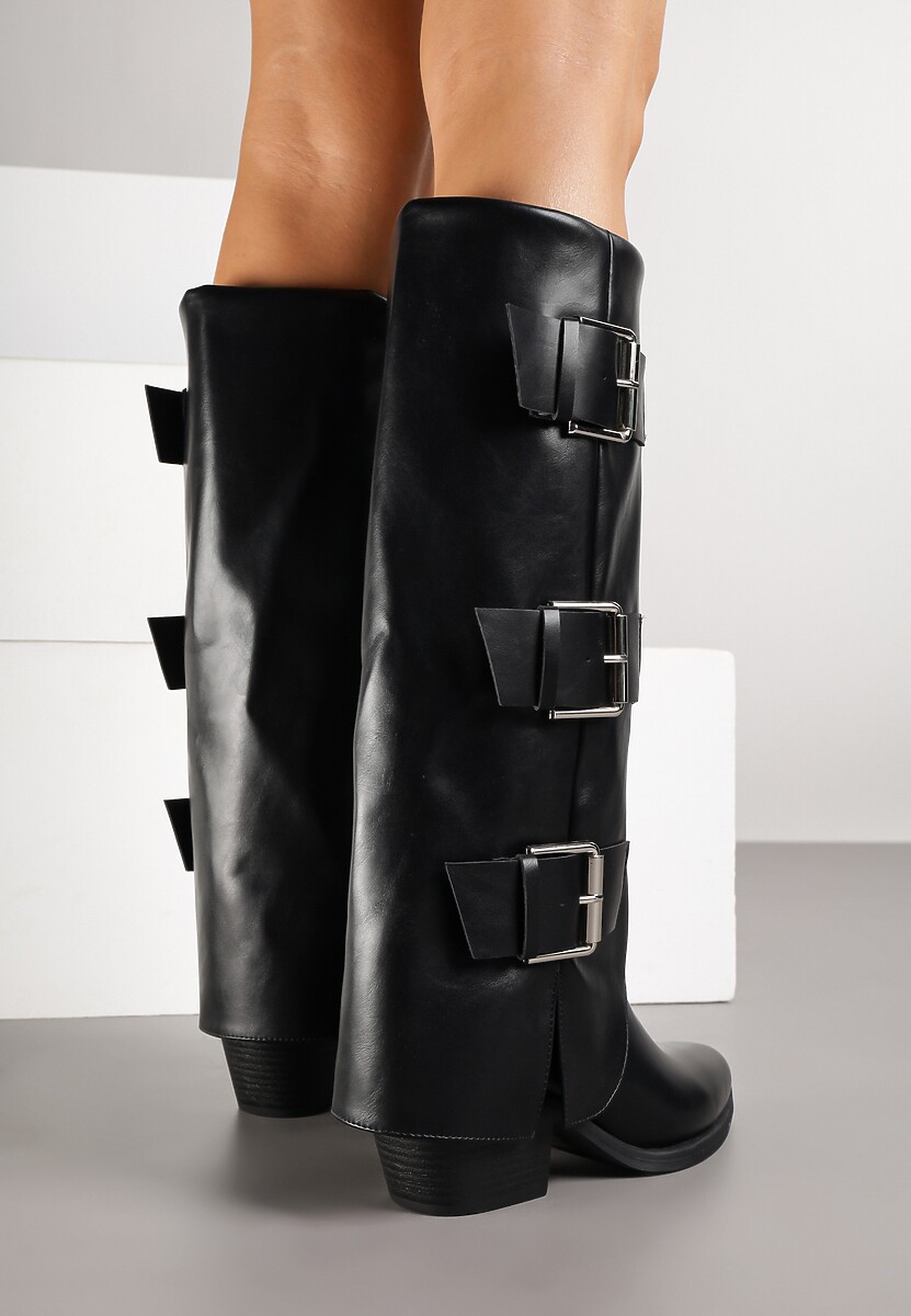 Czarne Kozaki na Słupku Kowbojki Ozdobione Metaliczną Aplikacją i Wywiniętą Cholewką Latareia