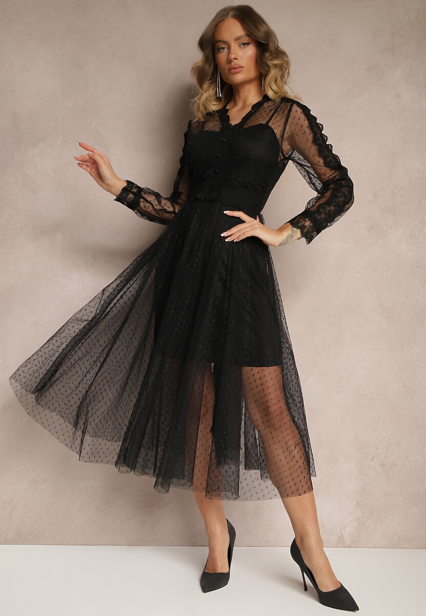 Czarna Rozkloszowana Sukienka Midi z Tiulu z Koronką Rislaine