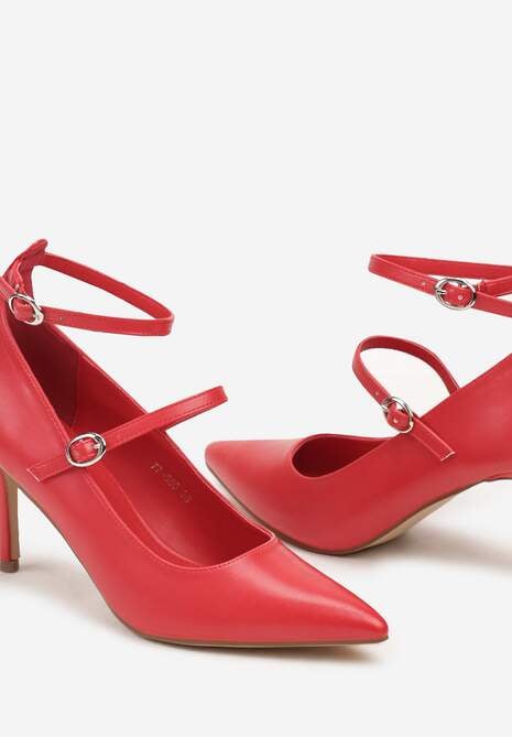 Czerwone Czółenka na Szpilce Wykończone Paskami ze Sprzączkami Beridina