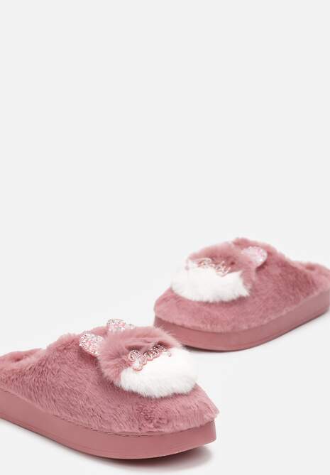 Ciemnoróżowe Płaskie Kapcie z Aplikacją 3D w Kształcie Króliczka Munere