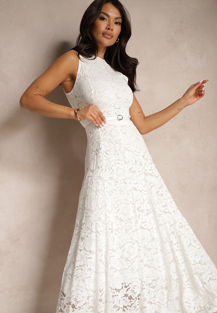 Biała Koronkowa Sukienka Taliowana Wilreti