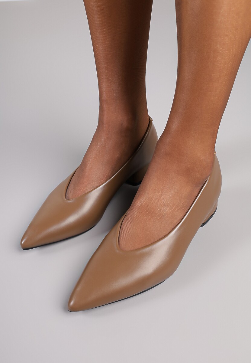 Ciemnobeżowe Czółenka na Słupku Vices ze Skórzaną Wkładką Alinire