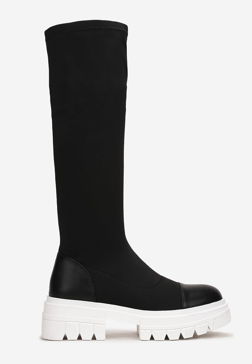 Czarno-Białe Kozaki z Dopasowaną Cholewką na Grubej Podeszwie Gode