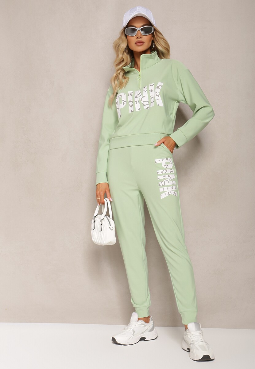 Jasnozielony Komplet z Napisem Bluza Krótka i Spodnie ze Ściągaczami Nimilia