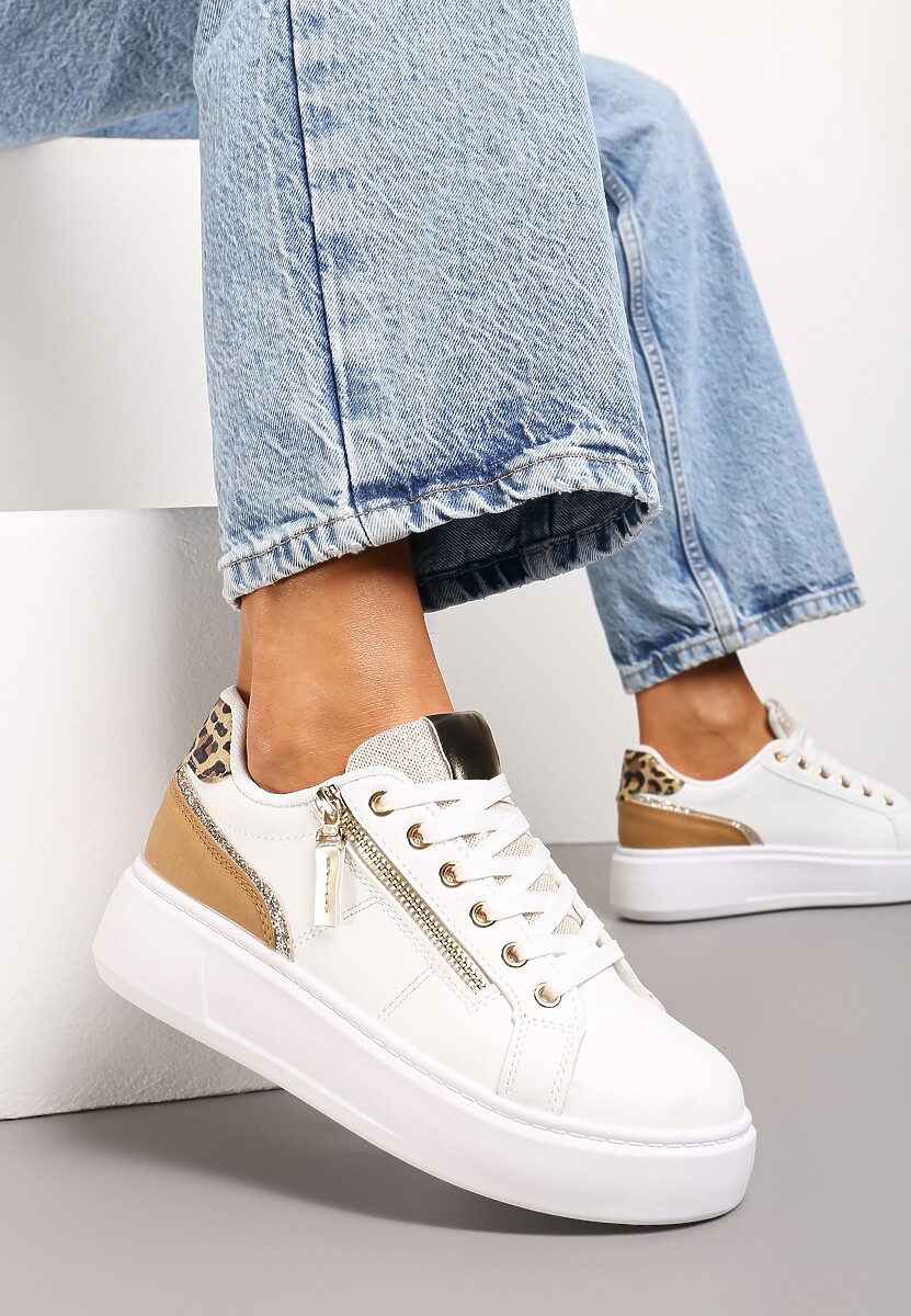 Biało-Złote Sneakersy z Ozdobnym Suwakiem i Platformą Iolanna