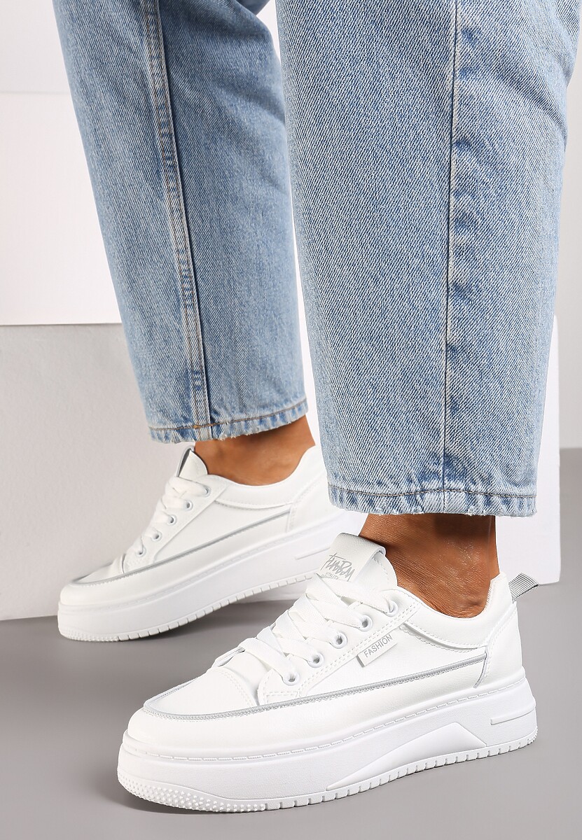 Biało-Szare Sneakersy na Platformie z Tłoczeniem i Sznurowaniem Erisandria