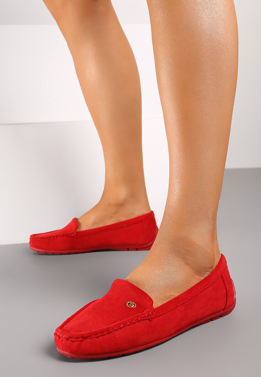 Czerwone Mokasyny ze Skórzaną Wkładką i Przeszyciami Yaritza