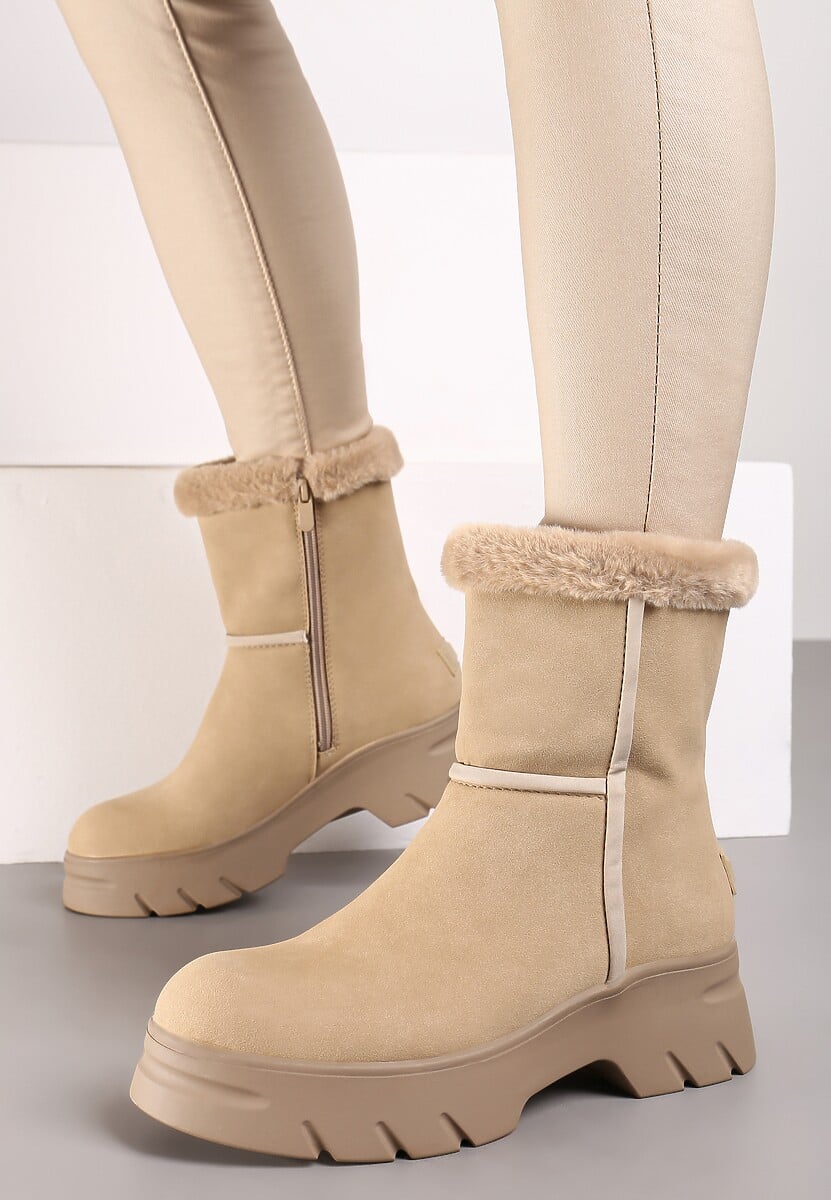 Beżowe Śniegowce na Niskiej Platformie z Ozdobnym Futerkiem Revianna