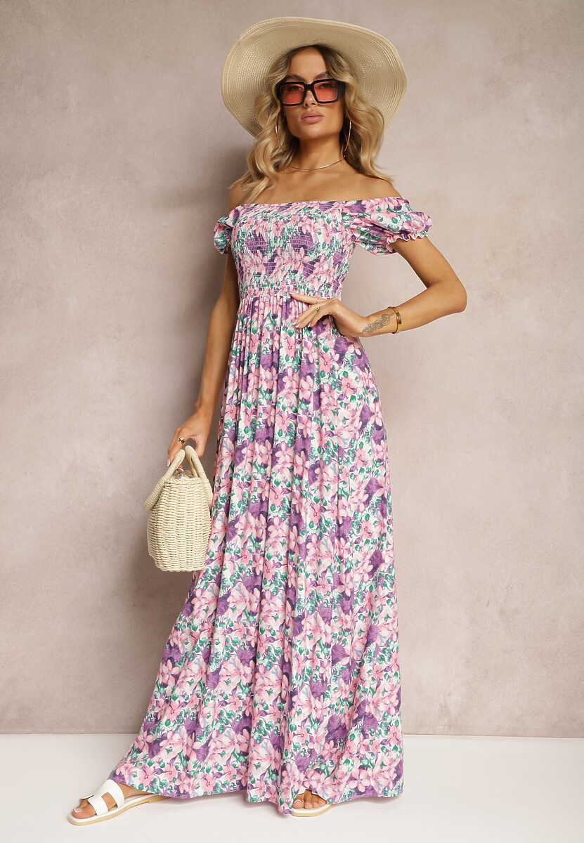 Fioletowo-Różowa Hiszpanka Sukienka o Rozkloszowanym Kroju i Gumkami przy Dekolcie Kaseria