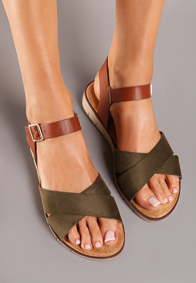 Ciemnozielone Klasyczne Sandały na Płaskiej Podeszwie ze Sprzączką Kladia