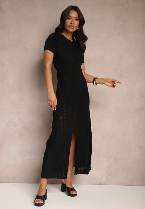 Czarna Wiskozowa Sukienka z Guzikami i Kołnierzykiem Zdobiona Koronką Alanella