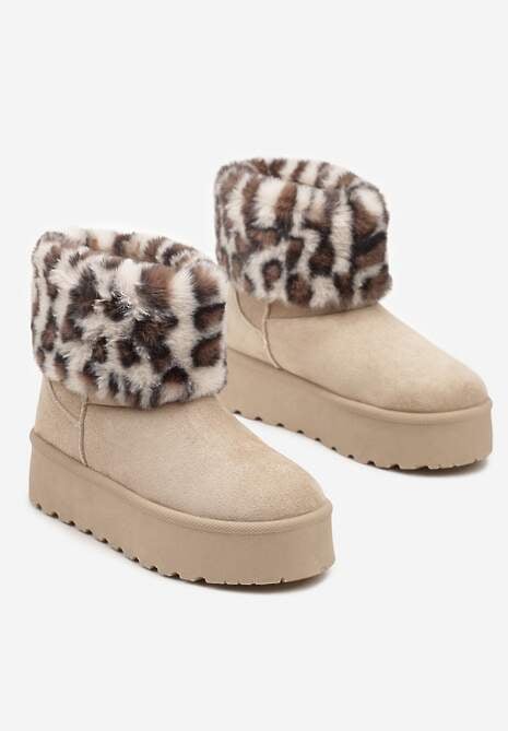Beżowe Śniegowce z Imitacji Zamszu na Platformie z Futrzaną Cholewką w Panterkowy Wzór Reanithra